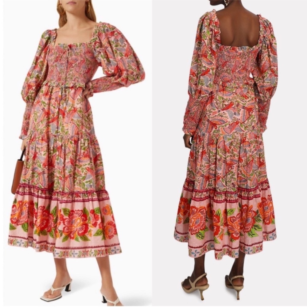 FARM RIO Pink Green Tropical Floral Macaw Bird Smocked Balloon Sleeve
Maxi Dress - Picture 5 of 10